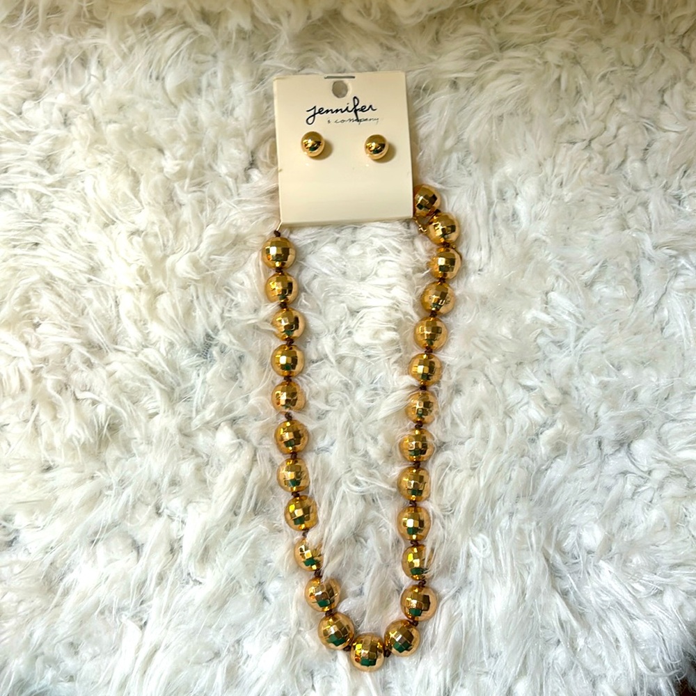 Gold Bead Necklace and Earrings